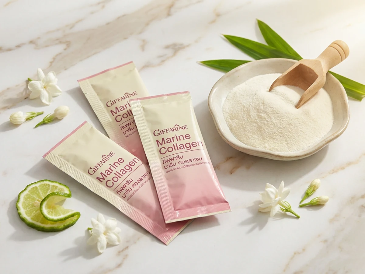 Giffarine Marine Collagen Powder sachet editorial flat-lay