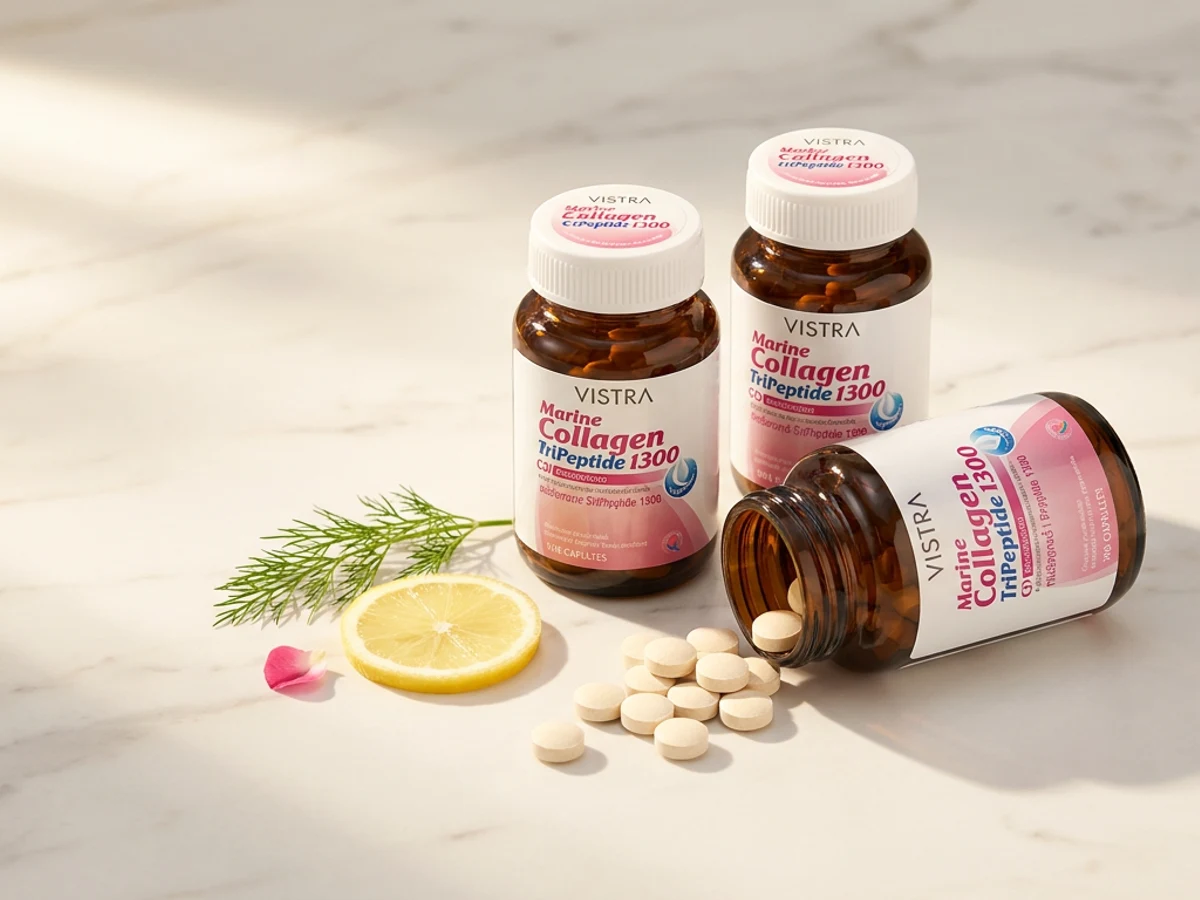 Vistra Marine Collagen — amber pill bottle editorial flat-lay